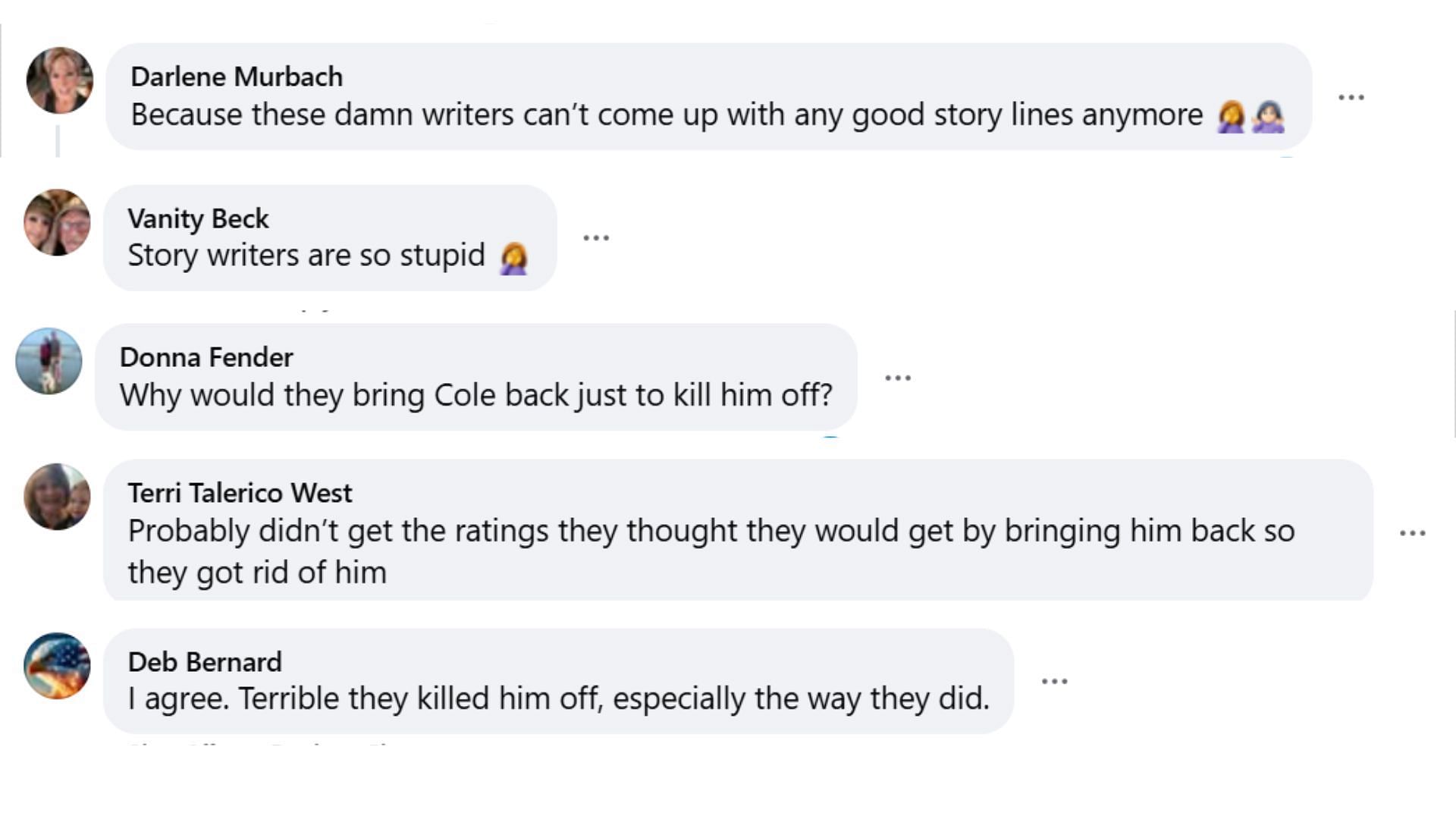 Fan responses on the post about Cole (Image via Facebook/@Young and Restless Canadian Day Ahead Recaps)
